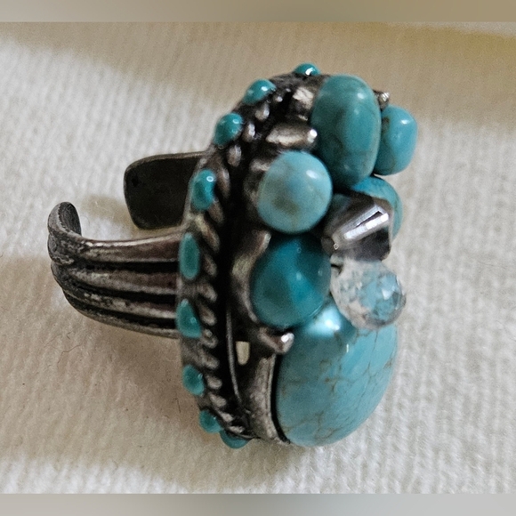 Turquoise Multi Stone Glass Bead Adjustable Silver tone Ring - Picture 2 of 5